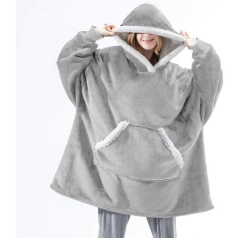 Wearable Robe Couverture Polaire en Peluche à Manches Plaids Flannel Hoodie Couverture Chaud Sweat à Capuche pour Adultes Gris