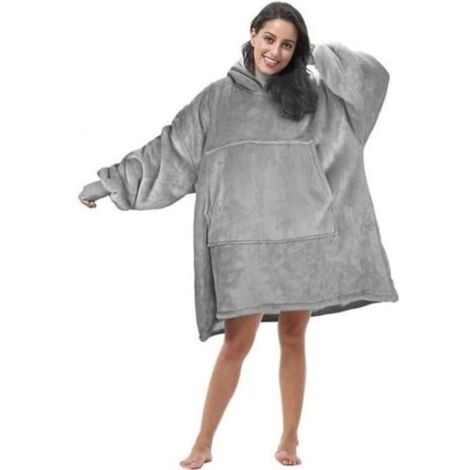 Wearable Robe Couvertures Polaire en Peluche à Manches Hiver Huggle Hoodie Plaid Chaud Grande Sweat à Capuche Robe de Chambre Gris