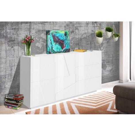 Web Furniture Credenza Ping Bianco Lucido - 140 cm per Soggiorno e Sala da Pranzo