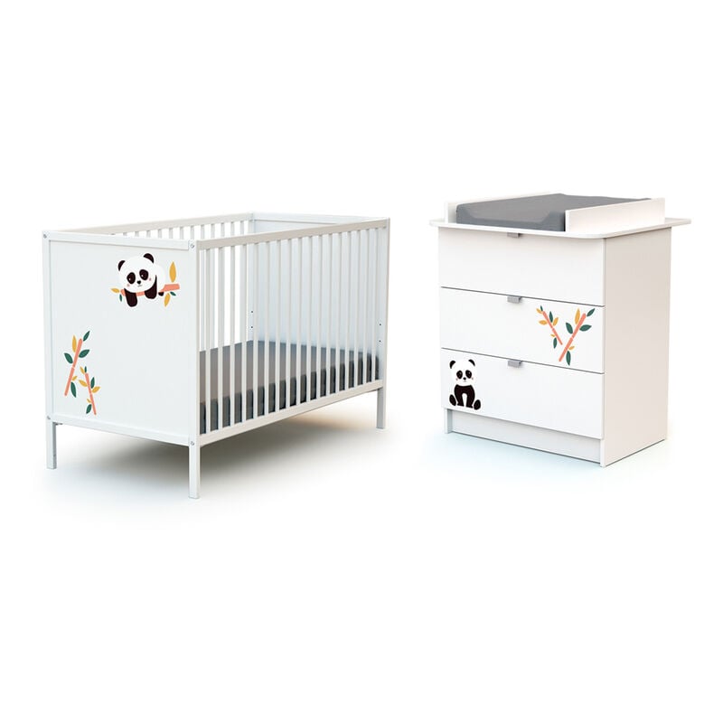 Webaby - Lit bébé 60x120 et commode 3 tiroirs avec plan à langer AT4 Panda