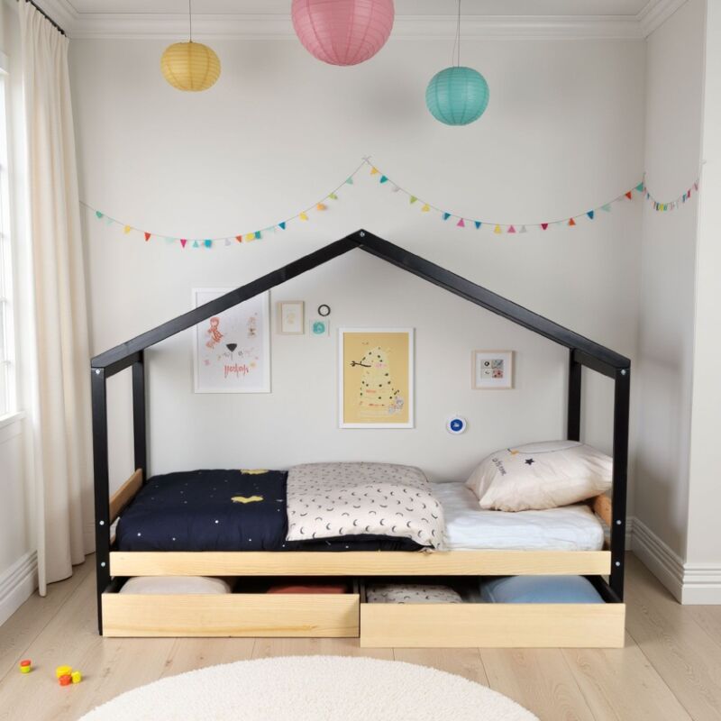 Les Tendances - Lit cabane etoile 90x190cm + 2 tiroirs / Brut et noir/ 199x95x150 cm