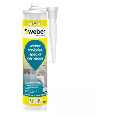 Weber Mastic, Silicone, Blanc, Salle de Bain, Cuisine, Carrelage, Béton, Bois, Anti-Moisissures, Joint sanitaire étanche, Forte adhérence, weberseal sanitaire, 300ML