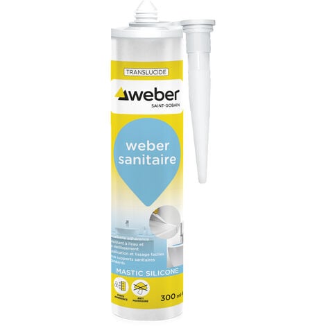 WEBER SAINT GOBAIN Weber Mastic, Silicone, Translucide, Salle de Bain, Cuisine, Carrelage, Anti-Moisissures, Joint sanitaire étanche, Forte adhérence, weberseal sanitaire, 300ML