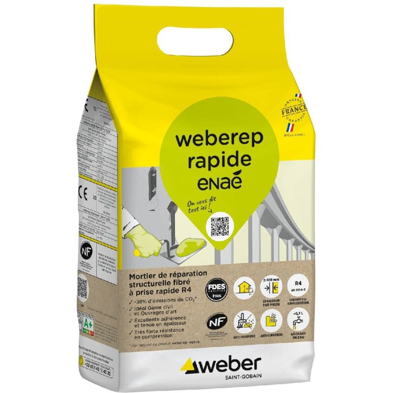 Mortier de réparation fibré à prise rapide, 5kg, Weberep rapide, weber
