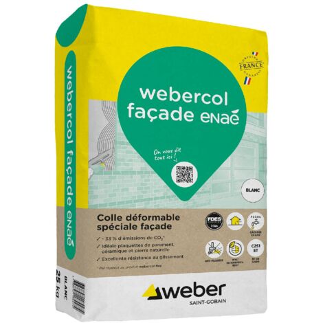 Weber Saint Gobain – Colle déformable spéciale façade 25kg – Pour plaquettes, carrelages, pierres naturelles – Application murs extérieurs – Adhérence maximale