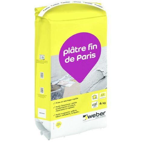 Weber Saint Gobain – Plâtre fin de Paris 4kg – Pour montage de briques creuses – Résistance mécanique élevée pour travaux intérieurs