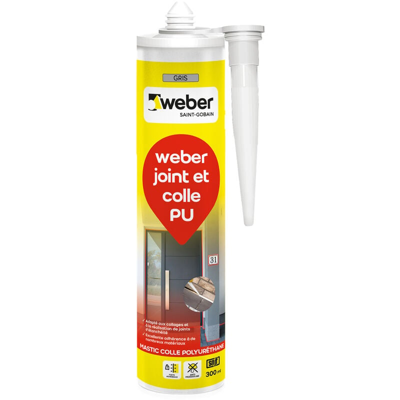 Mastic colle base pu, Gris, 300ml, Weber joint et colle pu , PU40