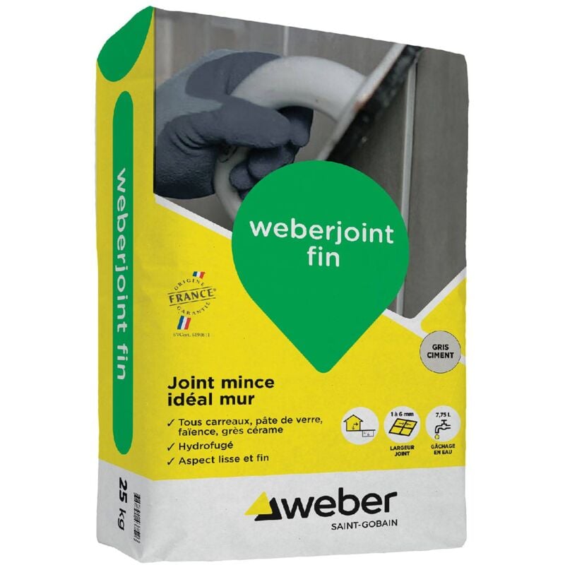 Weber Saint Gobain - Joints minces carrelage mural, gris ciment 25 kg - Weber Weberjoint fin