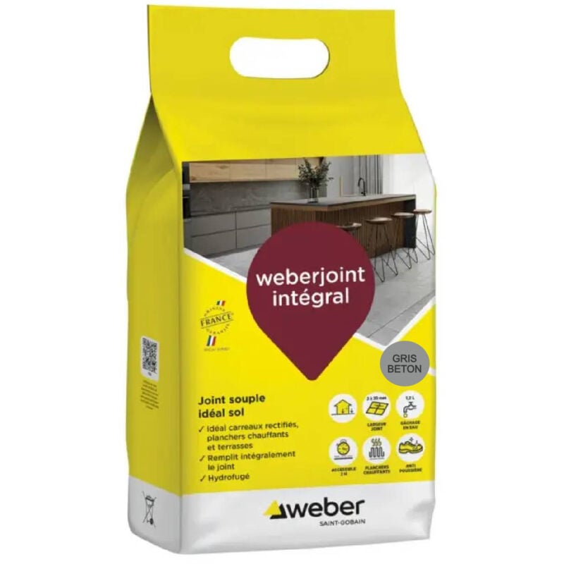 Joint carrelage hydrofugé, 5kg, Gris Beton, idéal pour sol et carreaux rectifiés, Weberjoint intégral, de largeur de 2 à 20 mm, WEBER
