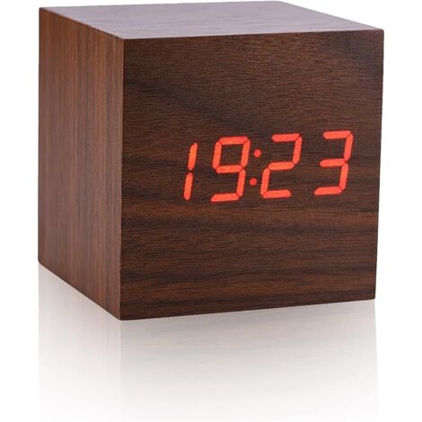Wecker aus Holz, Mini-LED-Digitaluhr mit Temperatur-Zeitanzeige, kleine Uhr für Schlafzimmer, Wohnzimmer, Büro (braunes Holz + rotes Licht)