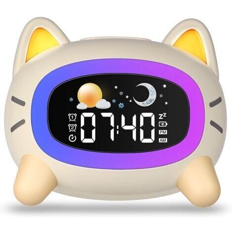 Wecker Kinder, Katze Schlaftrainer Kinderwecker Digital Mit Soundmaschine, Buntem Licht, Snooze und Timer-Funktion, Lichtwecker Wake Up Light für Mädchen, Jungen, Jugendliche