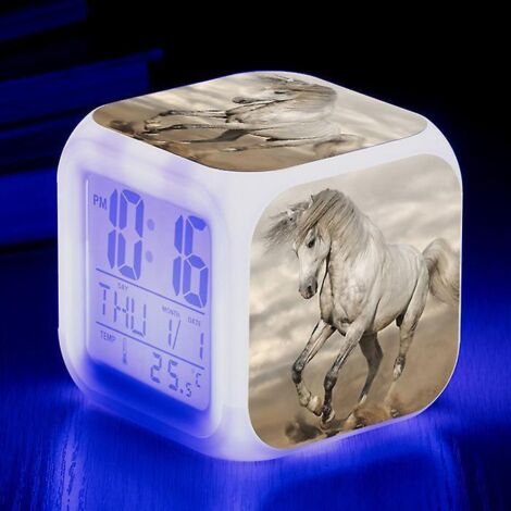 Wecker mit Pferdemotiv, USB-Licht, LED-Kinderwecker, Cartoon-Nachtlicht, Blinklicht, 7-Farben-Digitaluhr, Tischuhr L