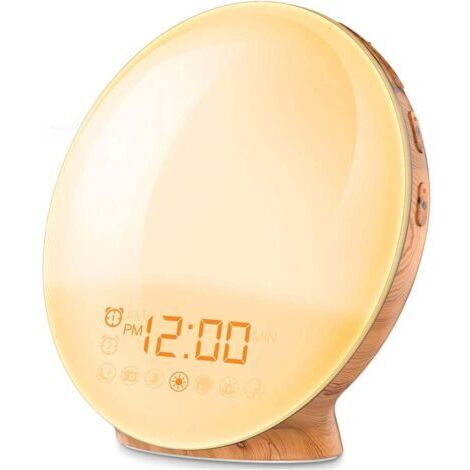 Wecker mit Sonnenaufgangssimulation, 20 Helligkeitsstufen, 7 natürliche Geräusche, FM-Radio, 2 Alarme, Schlummerfunktion