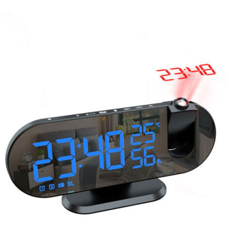 Weckerprojektor mit USB, Dual-Alarm und LED-Spiegelbildschirm, 180° schwenkbar, 4 Helligkeitsstufen, Schlummerfunktion, 12/24 Stunden Anzeige