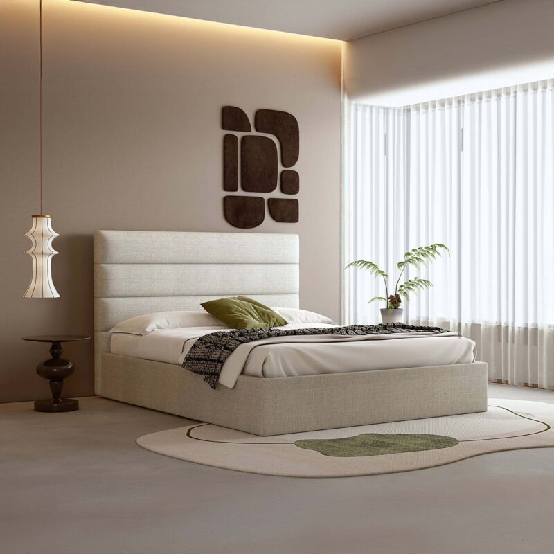 Weda - Lit coffre tissu lin beige 180x200 cm