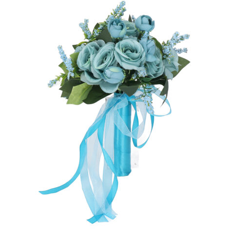 Wedding Bouquet Simulation Artificial Rose Lifelike Green Leaves Modern Elegant Rose for Wedding Church Home Decor Lake Blue