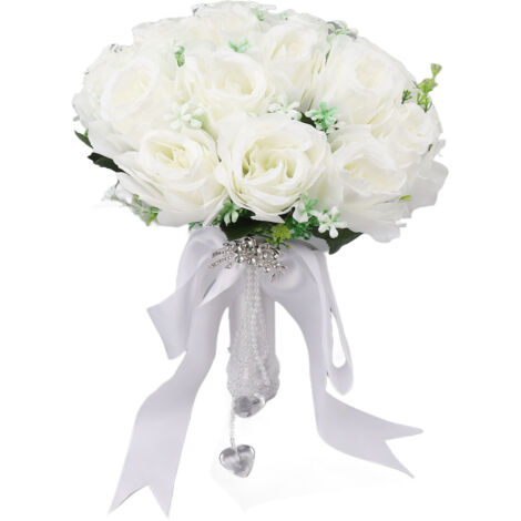 Wedding Bouquet White Bridal Bouquet Artificial Flowers Fake Pearl Crystal Hand Bouquet for Wedding Photography