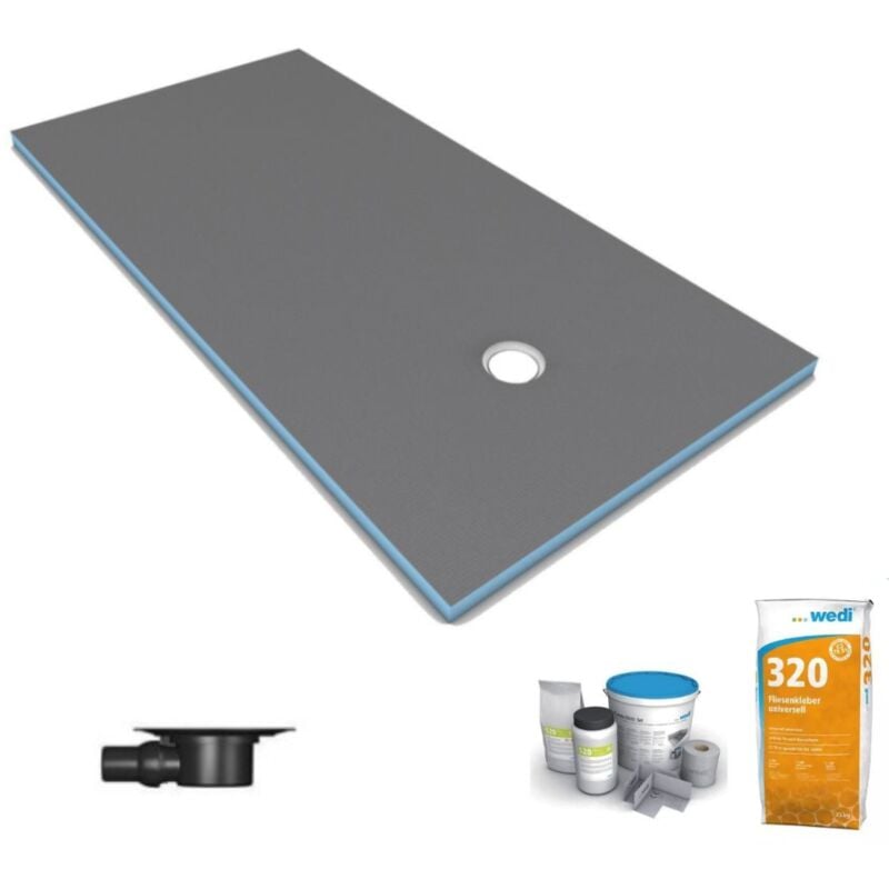 Wedi - Receveur de douche à carreler 160 x 100 Fundo Primo écoulement excentré + bonde horizontale + kit d'étanchéité + colle 320