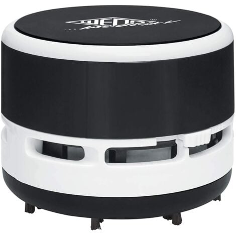 Wedo, a batteria, 20520101 Mini aspirapolvere da tavolo, spazzole, contenitore di raccolta svitabile Altezza circa 6,3 cm, diametro 8,5 cm, batterie incluse, nero/bianco