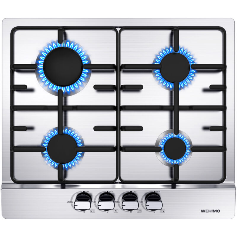 WEHIMO Plaque Gaz 4 Feux Inox, Plaque de Cuisson Gaz 4 feux Encastrable, Table Gaz 4 foyer, Gaz Ville et Bouteille L59 x P51 cm