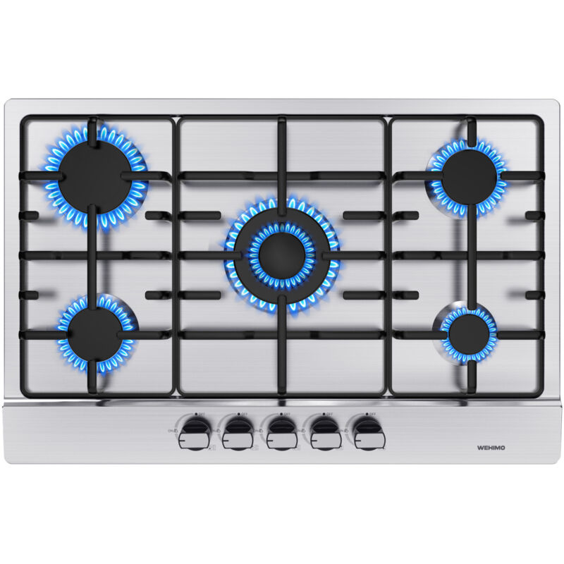 WEHIMO Plaque Gaz 5 Feux Inox, Plaque de Cuisson Gaz 5 feux Encastrable, Table Gaz 5 foyer, Gaz Ville et Bouteille L76 x P50 cm
