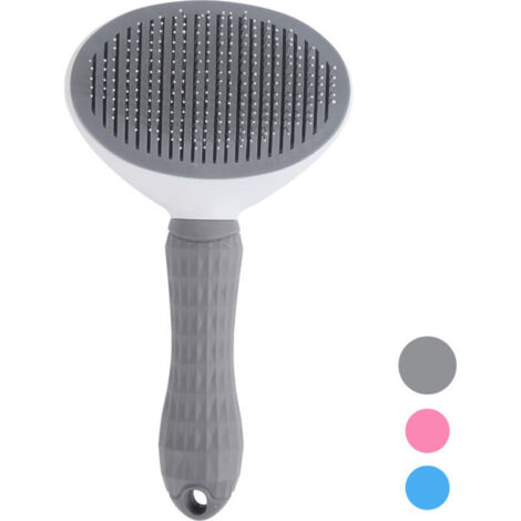 Weiche und reinigende Bürste zur Fellpflege von Haustieren (Hunden, Katzen und Kaninchen) mit ergonomischem und selbstreinigendem Griff, grau.