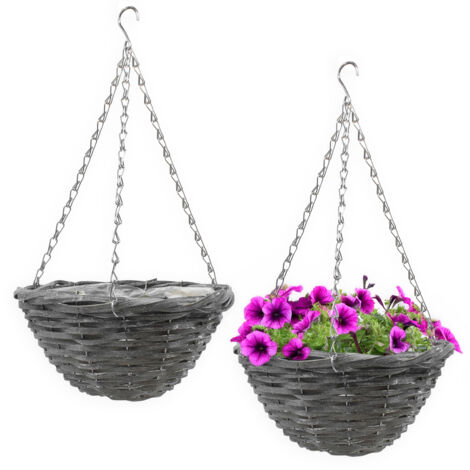 Weide Flechtkorb zum hängen 29 cm mit Folie - 2er Set - Rattan Hängeampel shabby grau mit Metallkette