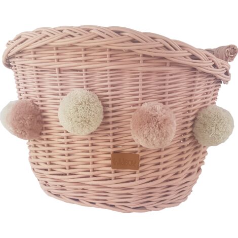 Weidenfahrradkorb mit Haken, schmutziges Rosa mit Pompons