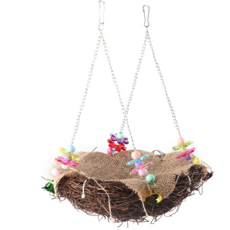 Weidenkorb-Hängematte für Vogelkäfig mit Schaukel, Sitzstange und Glöckchen - Hängespielzeug (S)