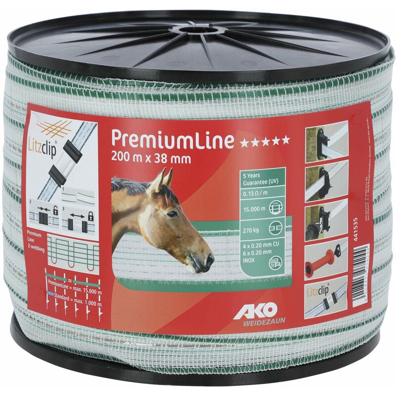 Ako Agrartechnik - Weidezaunband PremiumLine weiß/grün 38 mm, 0,13 Ohm/m, 200 m