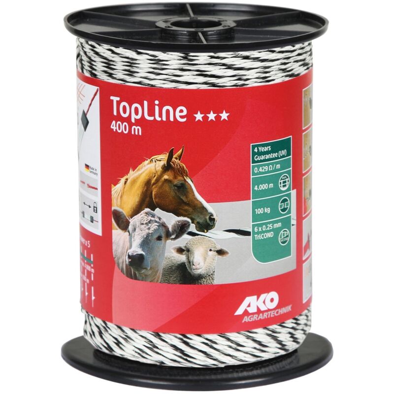 Ako Agrartechnik Weidezaunlitze Weidelitze Litze Topline, 400m, Weiß/schwarz, 6x0, 25mm