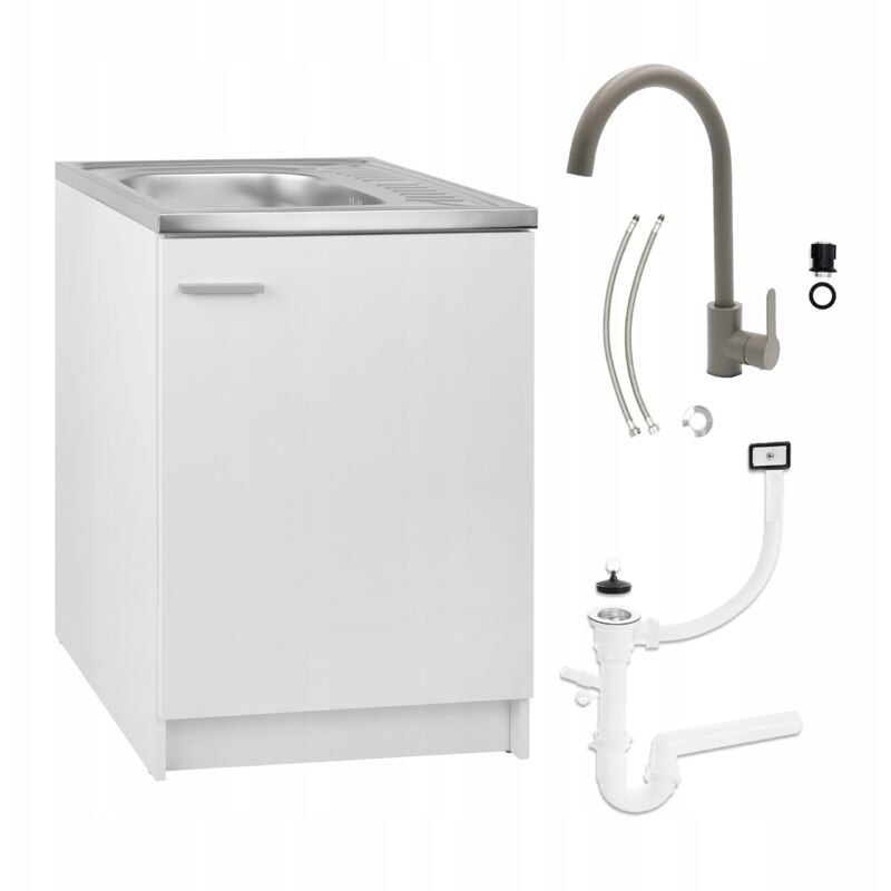 Stamar Weißer Küchenschrank 60x50 – Mit Badewanne – Hoher Armatur – Ablaufgarnitur – Praktische Möbel