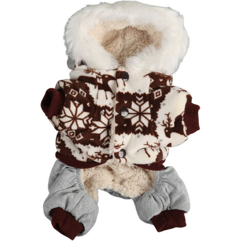 Weihnachtlicher Hundemantel mit Kapuze – Dicke Winterjacke mit Schneeflockenmuster – Für kleine und mittelgroße Hunde – Kaffeebraun M