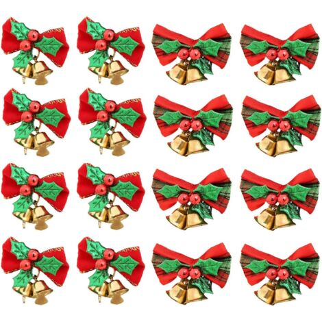 Weihnachts-Schleife mit Glocken, Weihnachts-Mini-Schleife, Geschenk, Ornament, Weihnachtsbaum, Deko zum Aufhängen, 16 Stück
