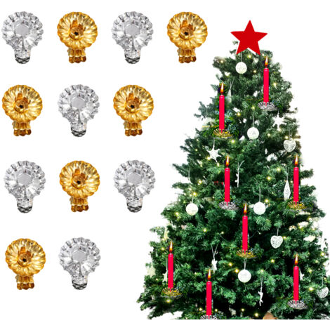 [Weihnachtsbaum-Kerzenclips] CandleStar FlowerClip - 12er-Set aus silberfarbenem Metall (4x4cm) - Praktische Festtagsdekoration