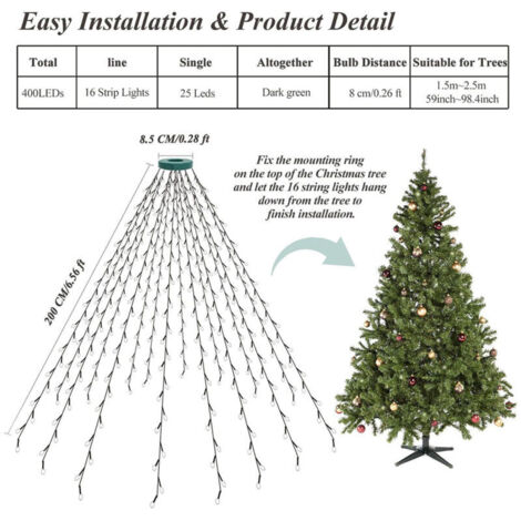 Weihnachtsbaum-Lichterkette 2 m x 16 m, 400 LEDs (1-2,4 m), 8 Modi, Weihnachtsdekoration für Haus, Garten, Terrasse (warmweiß)
