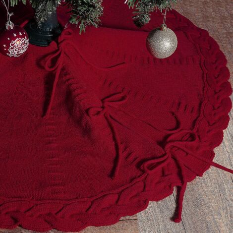 Weihnachtsbaumrock aus dickem Garn, 122 cm (48 Zoll), Rippen- und Krausrippenmuster, rustikale und warme Weihnachtsdekoration für das Wohn- oder Schlafzimmer, in Tannennadeln (122 cm, rot).