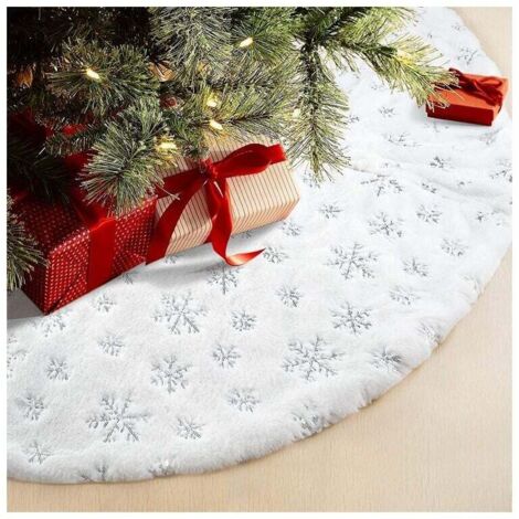 Weihnachtsbaumrock, Kunstfell-Teppich mit Schneeflocken-Stickerei, silberfarbener Glitzer, Weihnachtsbaum-Dekoration, 78 cm