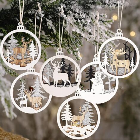 Weihnachtsbaumschmuck „Winter Wonderland“ – 6er-Pack Weihnachtsschmuck aus Holz für den Winter-Christbaumschmuck, zufällige Muster