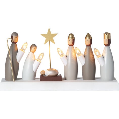 BEST SEASON Weihnachtsdeko Krubba von Star Trading, Kerzenständer mit 5 Glühbirnen E10 warmweiß, Weihnachtsfigur aus Holz, Kabelschalter, Länge: 33 cm