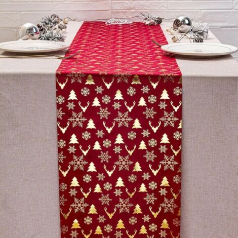 Weihnachtsdekorationen Tischläufer mit Weihnachtshirschmotiv, warmer goldener Samtstoff aus Polyester-Baumwolle, Neujahrs-Tischflagge, bedruckt
