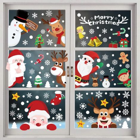 Weihnachtsfensteraufkleber, Weihnachtsdekoration, wiederverwendbare Weihnachtsfensteraufkleber, Schneeflocke, Weihnachtsmann, Rentier, Rudolph, statische Weihnachtsaufkleber, Aufkleber, Schaufensterde