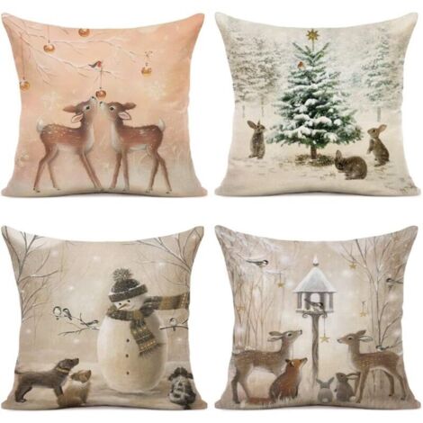 Weihnachtskissenbezug-Set (40x40 cm) mit Weihnachtsmann- und Rentiermotiven aus Baumwolle und Leinen.