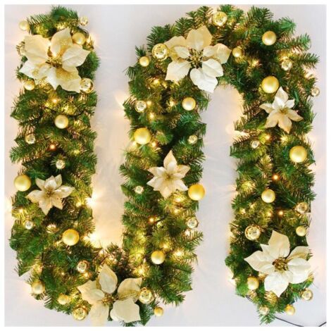 Weihnachtskranz mit Lichtern, Weihnachtsdeko, 270 cm, LED-Lichter, Lichterkette, Weihnachtstürdeko, Weihnachtskranz, Tannenkranz, Lichterkette (Gold) FLITI