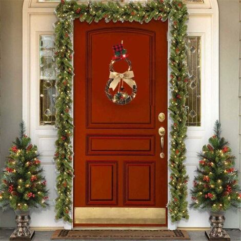 Weihnachtskranz, Türdekoration, Anhänger, Weihnachtsdekoration für draußen, Tannengirlande, Dekoration für Ihre Tür, Wand oder Fenster, Wandkamin, Rattan + LED-Lampe + Sackleinen (A)