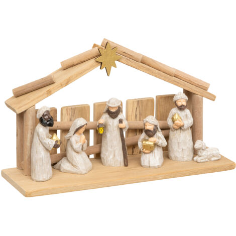 Weihnachtskrippe mit 7 Figuren, 30 x 18 cm