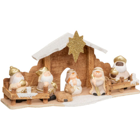 Weihnachtskrippe mit 7 Figuren, 33 x 16 cm