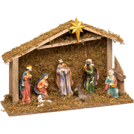 Weihnachtskrippe mit 8 Figuren, 35 x 23,5 cm