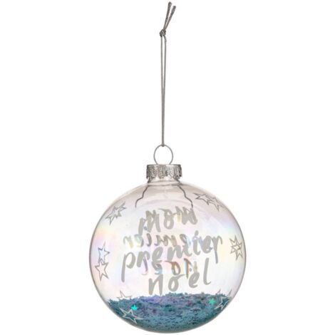 Weihnachtskugel 80 mm Mein erster Weihnachtsmann Glitzer blau aus Glas - Feeric lights & christmas
