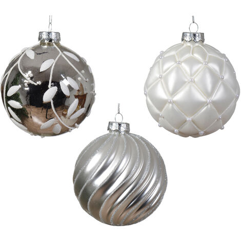 Weihnachtskugel aus glänzend-mattiertem Glas mit Schachbrettmuster und Blatt 3er Set weiß/silber ø 10cm